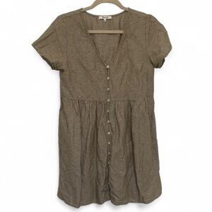 Madewell Alexandra Tan Linen Button Down Short Sleeve Babydoll Dress Size Small
